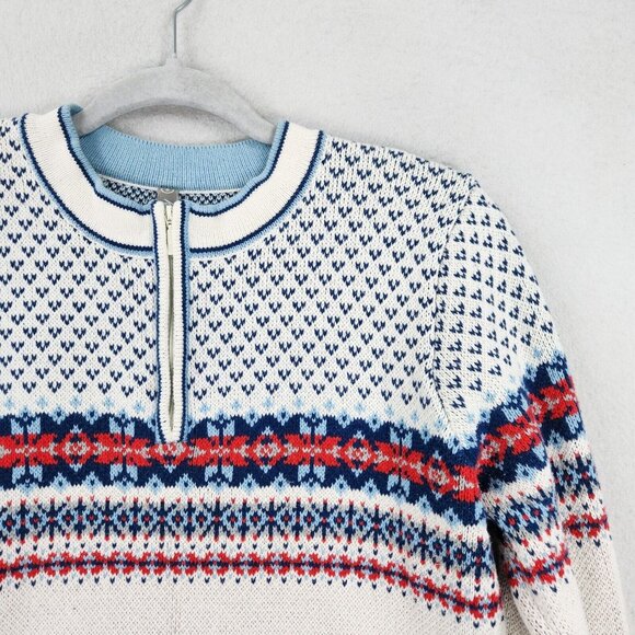 Hanna Andersson Sweater Womens Small White Blue Fair Isle Quarter Zip Pullover - Picture 2 of 12